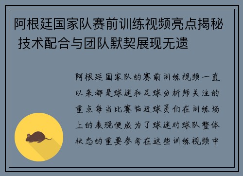 阿根廷国家队赛前训练视频亮点揭秘 技术配合与团队默契展现无遗